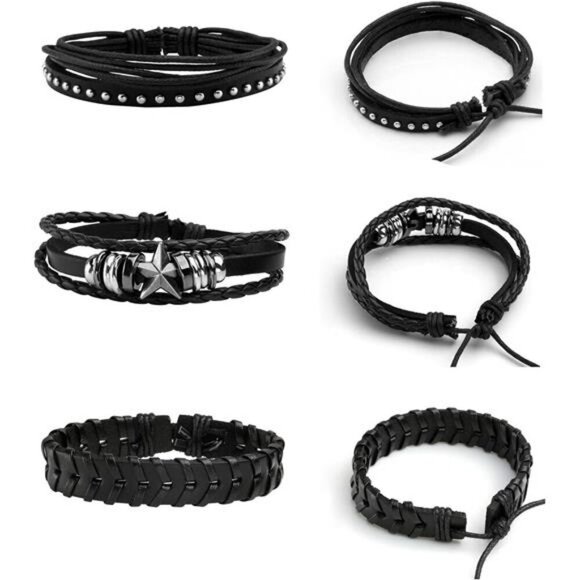 Punk Leather Bracelet Set Mens Womens Skull Braided Cuff Wristbands 6 Pack - Picture 3 of 7